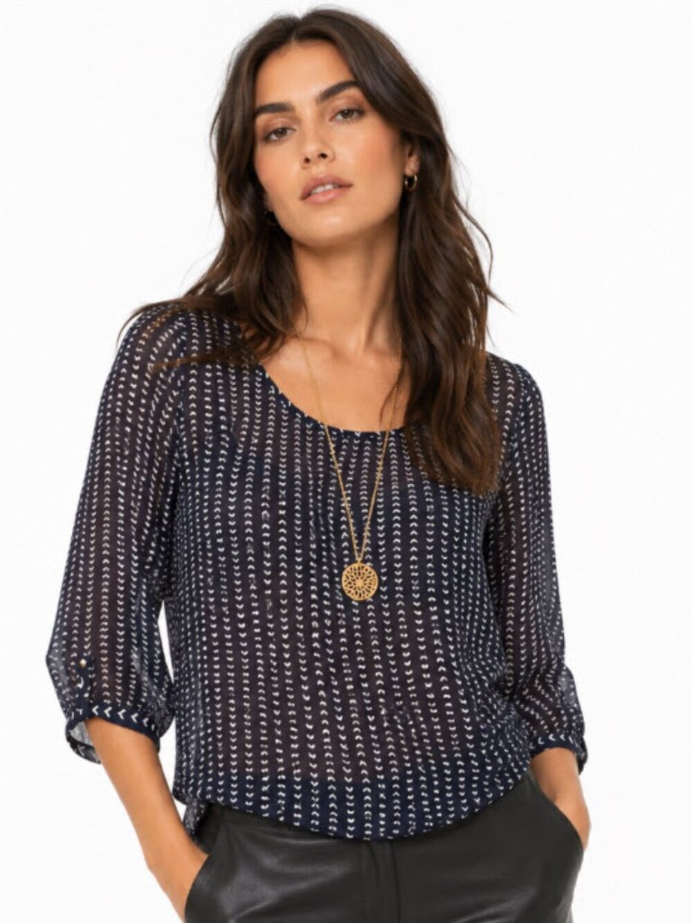 H&M Navy Semi Sheer Polka Dot Blouse 3/4 Sleeve Coastal Chic Large
